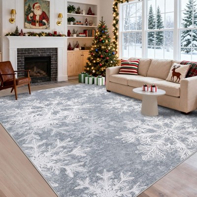 Christmas Rug Washable Rug for Living Room, Snowflake Printed Mats