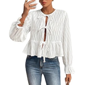 Women's Long Sleeve Tie Front Peplum Top Textured Lace-Up Ruffle Hem Casual Blouse - 1 of 4
