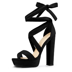 Allegra K Women's Open Toe Soft Insole Lace Up Platform Block Heel Sandals - 1 of 4