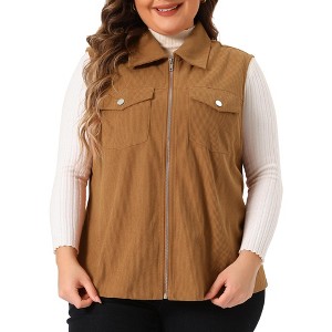 Agnes Orinda Women's Plus Size Sleeveless Lapel Zipper Lightweight Corduroy Fashion Vests - 1 of 4
