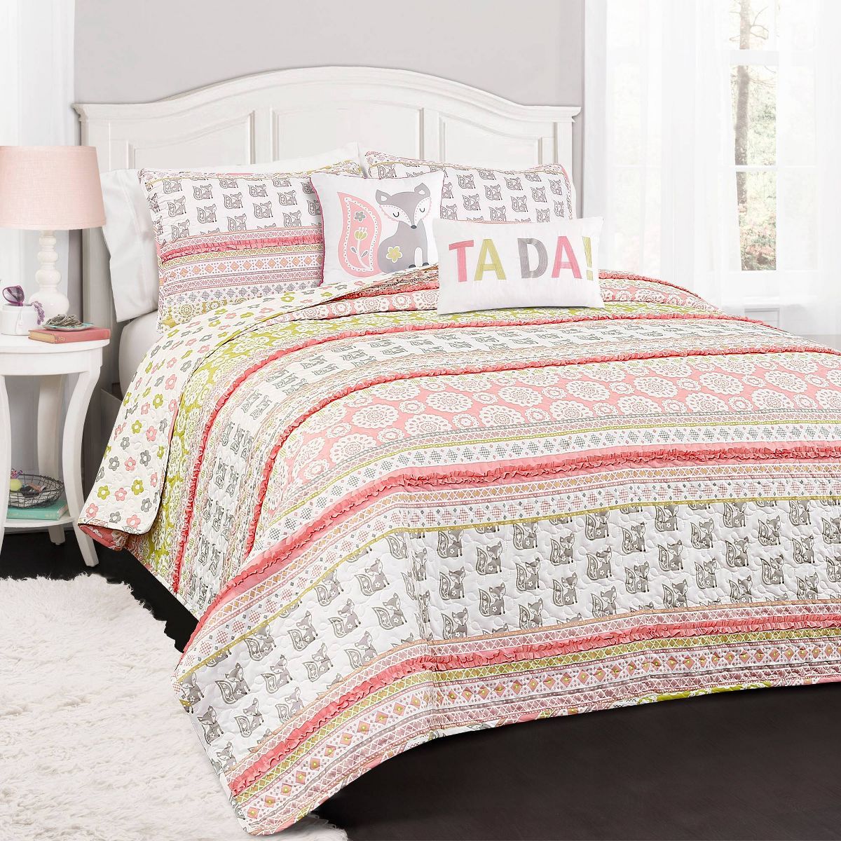 Fox Ruffle Striped Quilt Set with Fox Throw Pillow Pink/Gray - Lush Décor