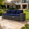 89" Outdoor 3 Seat Wicker Patio Sofa with Cushions and Wood Grain Armrests, All Weather Couch for Deck or Garden -3irtyhousy - 4 of 4