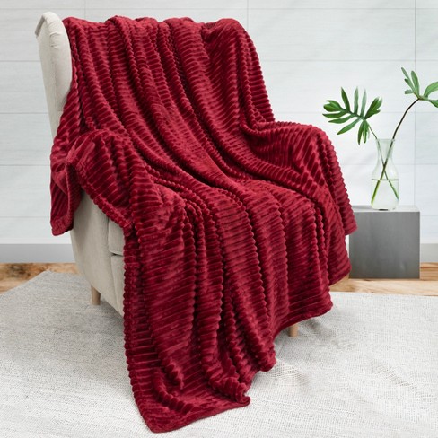 PAVILIA Super Soft Fleece Flannel Ribbed Striped Throw Blanket Luxury Fuzzy Plush Warm Cozy for Sofa Couch Bed Dark Red Throw 50x60