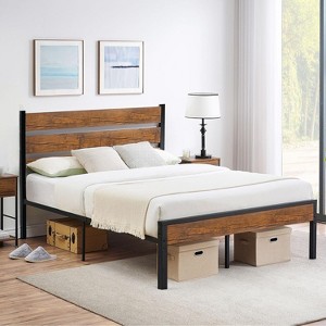 Farmhouse Bed Frame with Headboard & Footboard, Durable Metal Platform Bed with Strong Wood Slats Support, Noise Free, No Box Spring Needed - 1 of 4