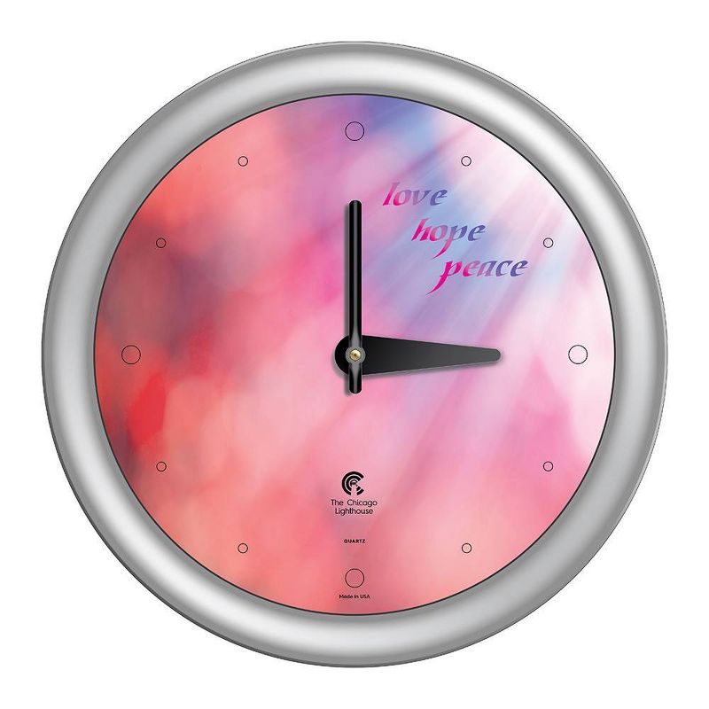 14&#34; x 1.8&#34; Peace Love Hope Coral Sunlight Quartz Movement Decorative Wall Clock Silver Frame - By Chicago Lighthouse, 1 of 5