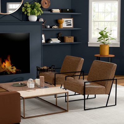 Brown Faux Leather and Metal Arm Accent Chair