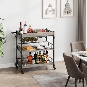 Jojoka 3-Tier Gray Industrial Bar Cart with Wine Rack, Glass Holder, and Removable Tray - 1 of 4