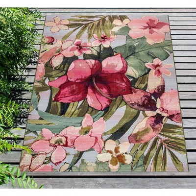 Blue and Pink Floral Rectangular Indoor/Outdoor Rug