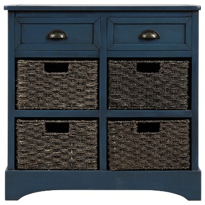 Chery Life Rustic Storage Cabinet with Two Drawers and Four Classic Rattan Basket for Dining Room, Living Room