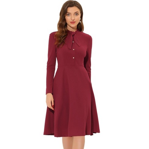 Allegra K Women's Work Sheath Tie Neck Knit Long Sleeve Midi Dress