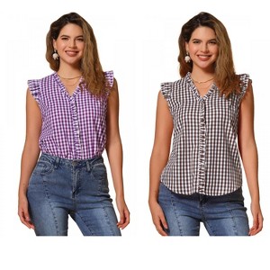 INSPIRE CHIC Women's Cap Sleeve Plaid Gingham Ruffle Shirt 2 Packs - 1 of 4