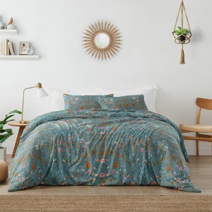 Sweet Jojo Designs Girl Queen Duvet Cover and Shams Set Boho Floral Wildflower Blue Orange and Pink 3pc - 1 of 4