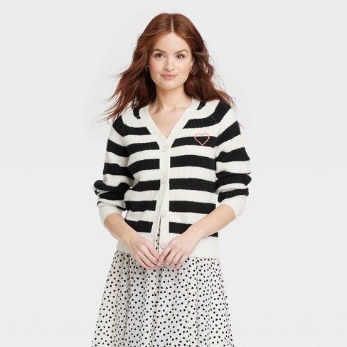 Women's Button-down Cardigan - A New Day™ Black/cream Striped Xl