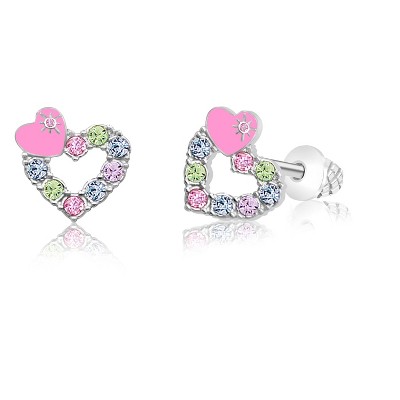 Chanteur Hypoallergenic Kids Jewelry Accessories Heart Pink CZ Enamel White Gold Palladium Plating Stud Earrings Surgical Titanium Posts