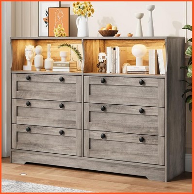 Homhougo Dresser for Bedroom, Large Dresser with 6 Drawer, 55 Inch Tv Stand Dressers, Wide Dressers & Chests of Drawers Antique Light Color