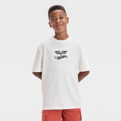 Boys' Hot Wheels Embroidered Front and Back Graphic Oversized Short Sleeve T-Shirt - Ivory