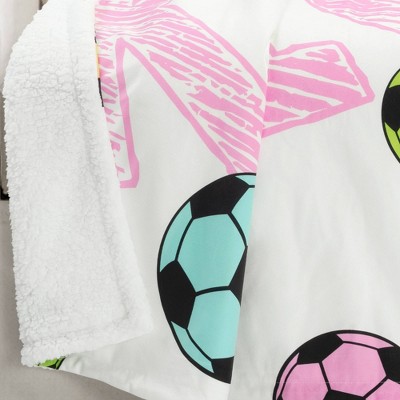 Girls' Soccer Kick White and Turquoise Sherpa Throw Blanket