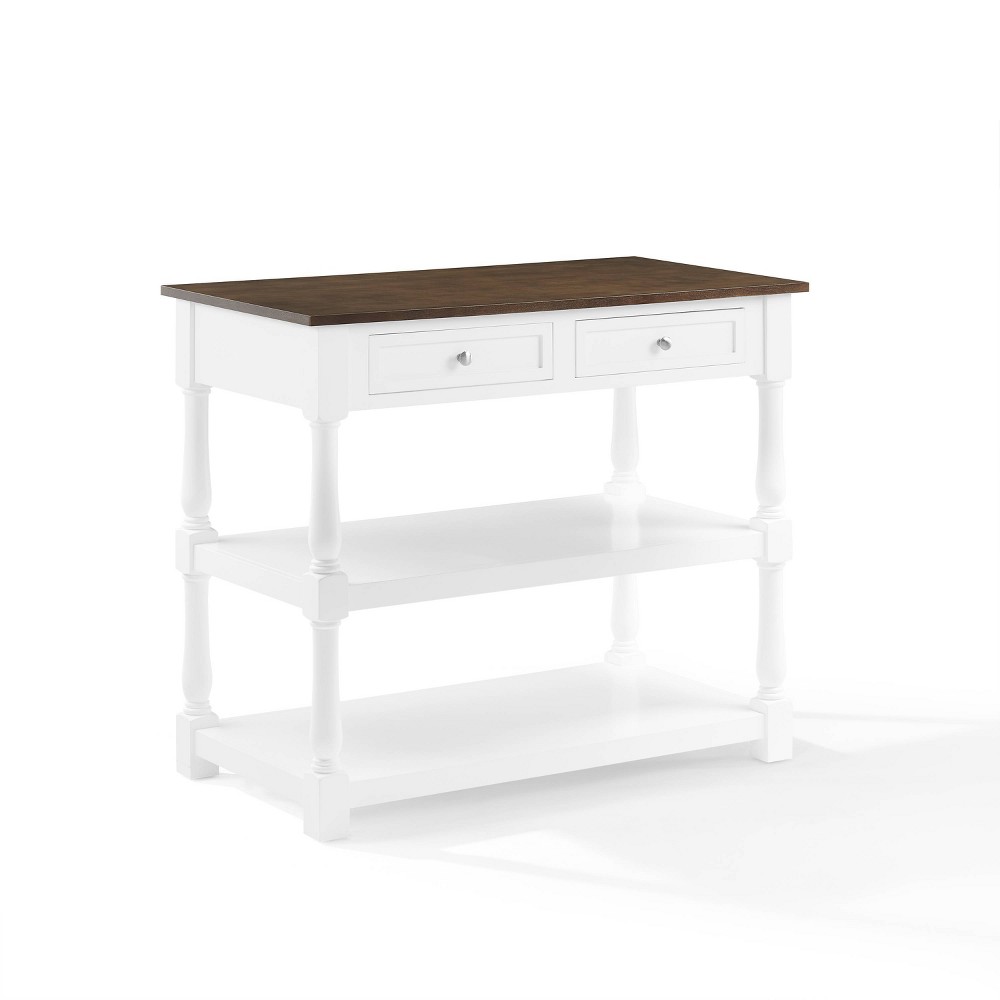 Caitlyn Wood Top Kitchen Island White/Dark Brown - Crosley: Storage, Turned Legs, Fixed Shelves