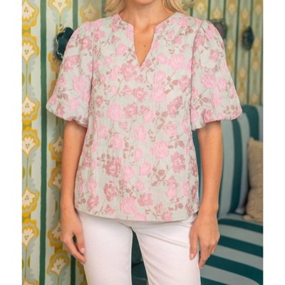 Women's Floral Jacquard Puff Sleeve Top - voy