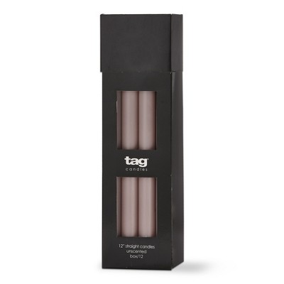 TAG Color Studio 12" Straight Taper Unscented Smokeless Paraffin Wax Candle Lavender, Burn Time 12 hrs. Set 12