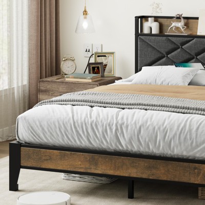 Coucheta Metal Bed Frame - Charging Station & Storage Shelf, Upholstered Headboard, Steel Slats, No Box Spring