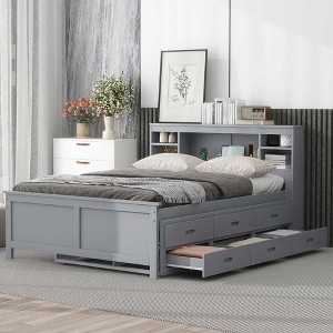 NicBex Full Size Platform Bed Wooden Bed Frame with Trundle, Storage Headboard, Drawers and Interface for Bedroom, No Box Spring Required, Gray - 1 of 4