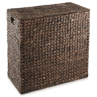 Espresso Woven Water Hyacinth Double Laundry Hamper with Lid