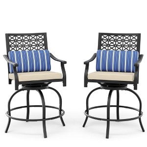 Set of 2 Outdoor Swivel Bar Chairs with Cushions, Armrests & High Backs, Counter Height Patio Bar Stools for Garden, Porch, or Backyard - 1 of 4