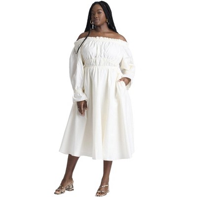 ELOQUII Women's Plus Size Off The Shoulder Ruffle Maxi Dress