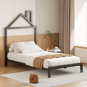 NicBex Twin/Full Platform Bed Frame with House-Shaped Headboard for Boys and Girls,Heavy Duty Metal Slats Support,Easy Assembly,White/Black/Pink - 1 of 4