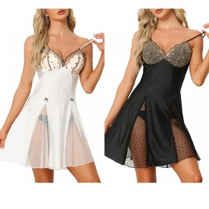 INSPIRE CHIC Women's 2 Pcs Lingerie Babydoll Satin Mini Chemise with Mesh Inset Sweet Nightgown - 1 of 4