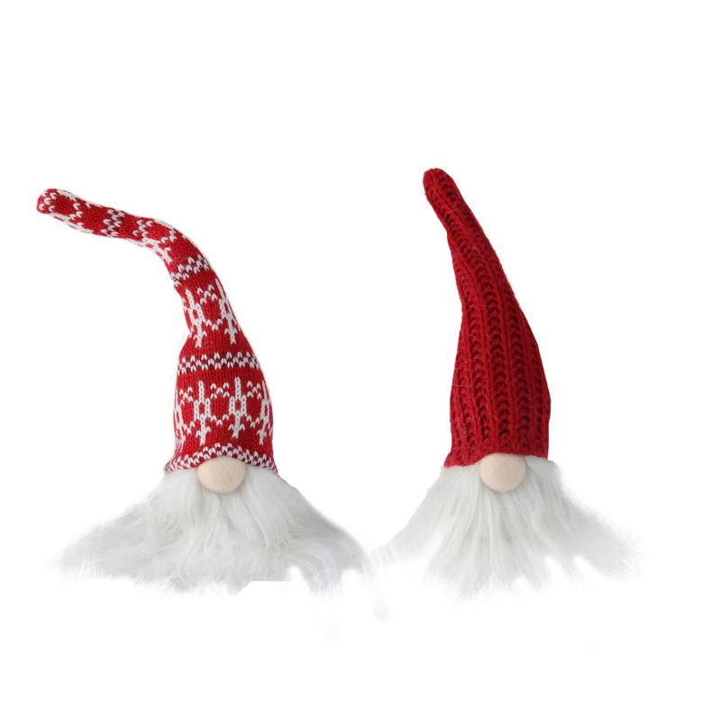 Northlight Set of 2 Plush Mini Gnomes in Red Cable Kit and Nordic Hats Christmas Figure Decorations, 1 of 2