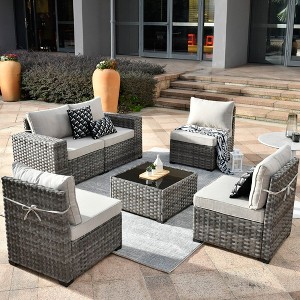 XIZZI 6 PCS Patio Furniture Set, Wide Armrest Outdoor Sectional Sofa, All Weather PE Rattan Outside Conversation Set with Coffee Table, Beige - 1 of 4