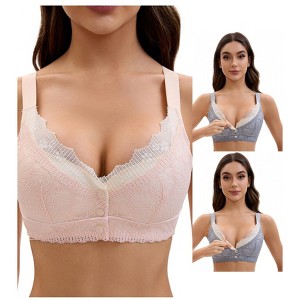 INSPIRE CHIC Front Closure for Women's Lace Full Coverage V Neck Wirefree Adjustable Straps Bras 3 Packs - 1 of 4