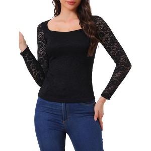 Allegra K Women's Lace Sweetheart Neck Long Sleeves Elegant Blouse - 1 of 4
