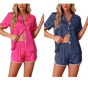 INSPIRE CHIC Women's 2 Pcs Satin Pajamas Silky Short Sleeve Button Down Pajama Sets - 1 of 4