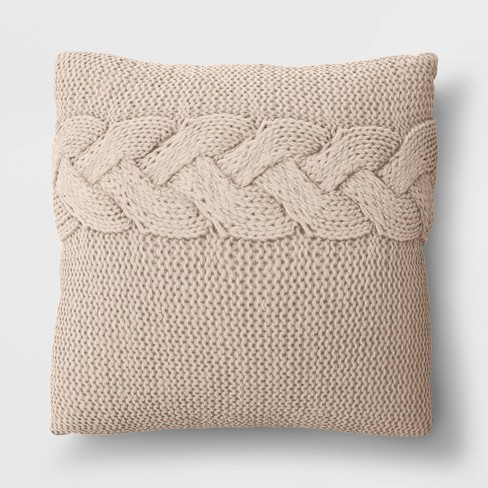 Oversized Cable Knit Square Throw Pillow Beige Threshold