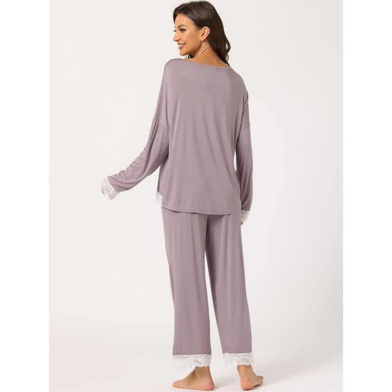 cheibear Women's Soft Lace Trim Knit Stretchy Long Sleeve Sleepwear Pajama Set, 3 of 6