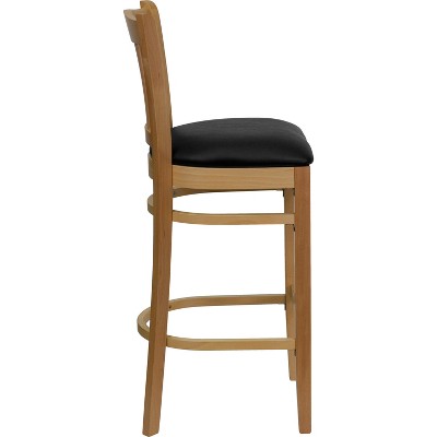 Natural Wood and Black Vinyl Slat Back Barstool