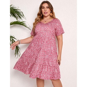 Women's Plus Size Lantern Sleeve Casual Ruffle Hem Loose Swing V Neck Tunic Mini Dress - 1 of 4