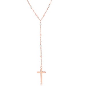Bella Silver Sterling Silver Rose Quartz & Plain Beads by the Yard Cross Rosary Necklace - Rose Gold Plated - Rose - 16+2 Inch - 1 of 2