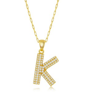 Bella Silver Sterling Silver Micro Pave CZ Block Initial w/Paperclip Chain Gold Plated 18" Pendant Necklace - 1 of 2