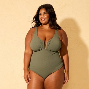 Women's U Wire Jacquard Scoop Neck Medium Coverage One Piece Swimsuit - Shade & Shore™ Green - 1 of 3