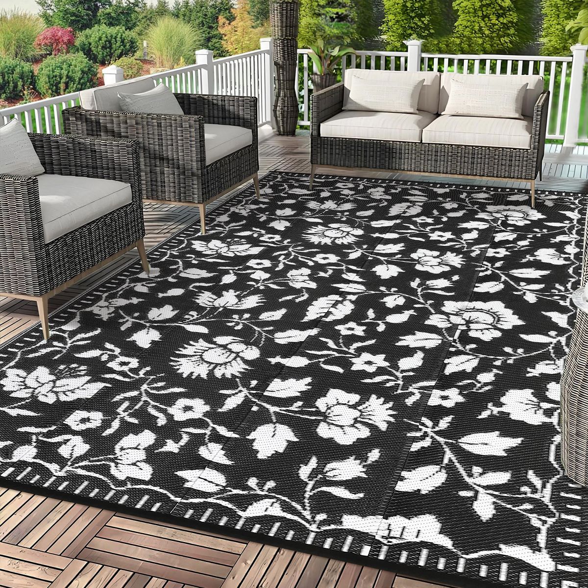 Garvee Floral Outdoor Rug, Waterproof Reversible Plastic Straw Rug, Foldable Outdoor Area Rug for Patio, Picnic, Beach, Balcony