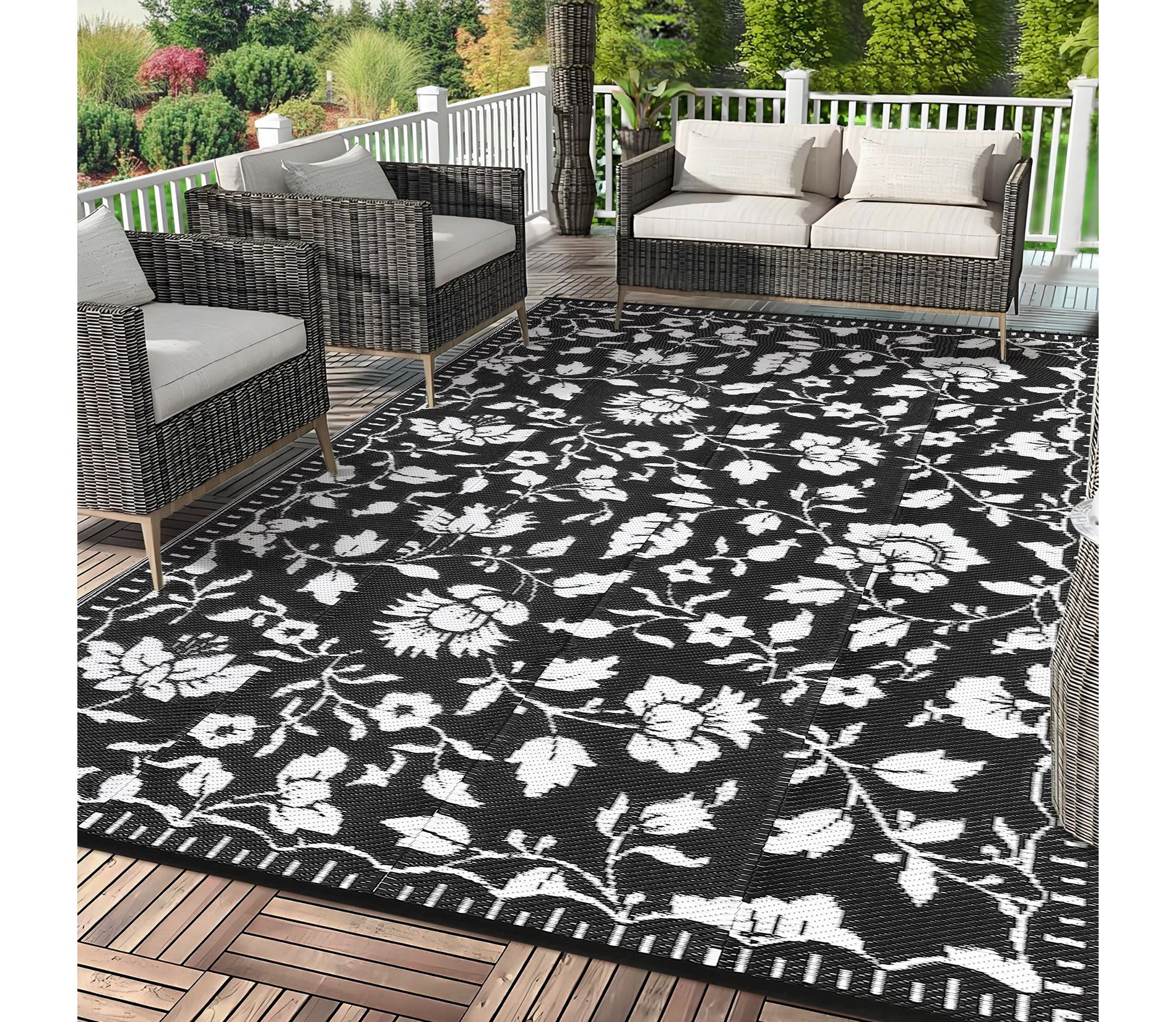 Garvee Floral Outdoor Rug, Waterproof Reversible Plastic Straw Rug, Foldable Outdoor Area Rug for Patio, Picnic, Beach, Balcony