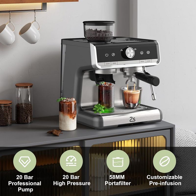 Semi-Automatic Espresso Coffee Machine With Grinder & Steamer Wand & Water Tank, 3 of 7
