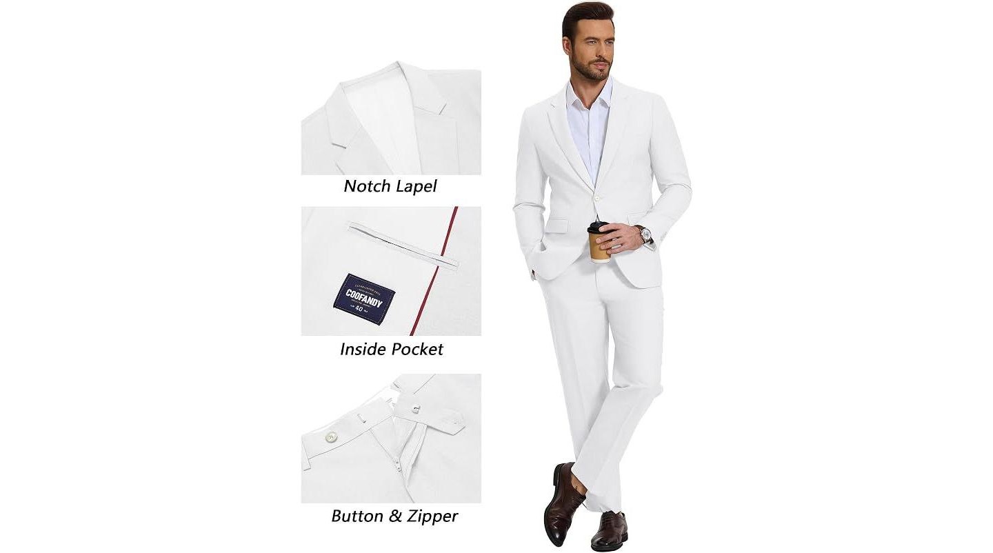 Мужской комплект COOFANDY Big and Suit 2 Piece Casual Stylish Suits Set Notch Collar Blazer and Pants for Wedding Prom White, цвет: Белый — фото 4