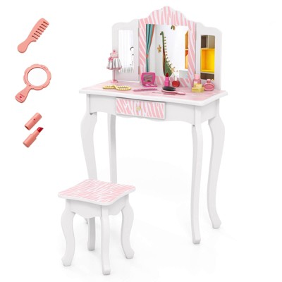 Infans Kids Vanity Set Toddler Makeup Table & Stool w/ Tri-folding Mirror Drawer