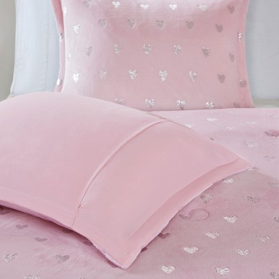 Pink Microfiber Full Kids Comforter Set with Metallic Hearts