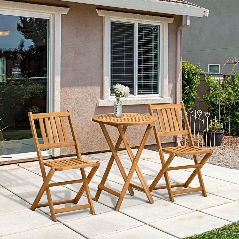 Outsunny Bistro Table and Chairs Set Of 2, Acacia Wood Patio Table, Wooden Folding Chairs, Varnished, 3 Piece Outdoor Furniture Set, Slatted, Teak, 2 of 11